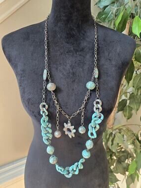 Turquoise Blue Beaded Multi Strand Charm Statement Necklace